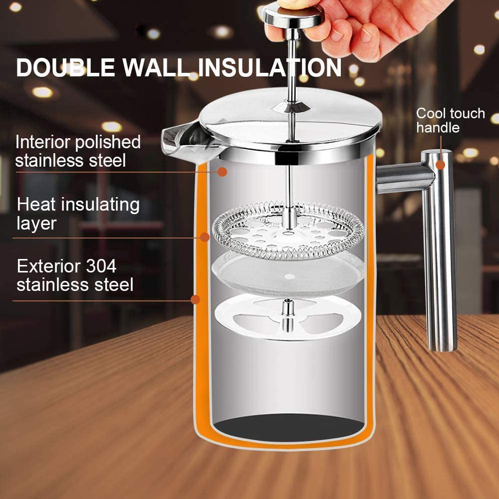 French Press Coffee Maker, 304 Grade Stainless Steel Insulated Coffee Press with 2 Extra Screens, 50Oz (1.5 Litre), Silver