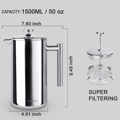French Press Coffee Maker, 304 Grade Stainless Steel Insulated Coffee Press with 2 Extra Screens, 50Oz (1.5 Litre), Silver