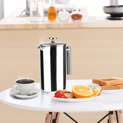 French Press Coffee Maker, 304 Grade Stainless Steel Insulated Coffee Press with 2 Extra Screens, 50Oz (1.5 Litre), Silver